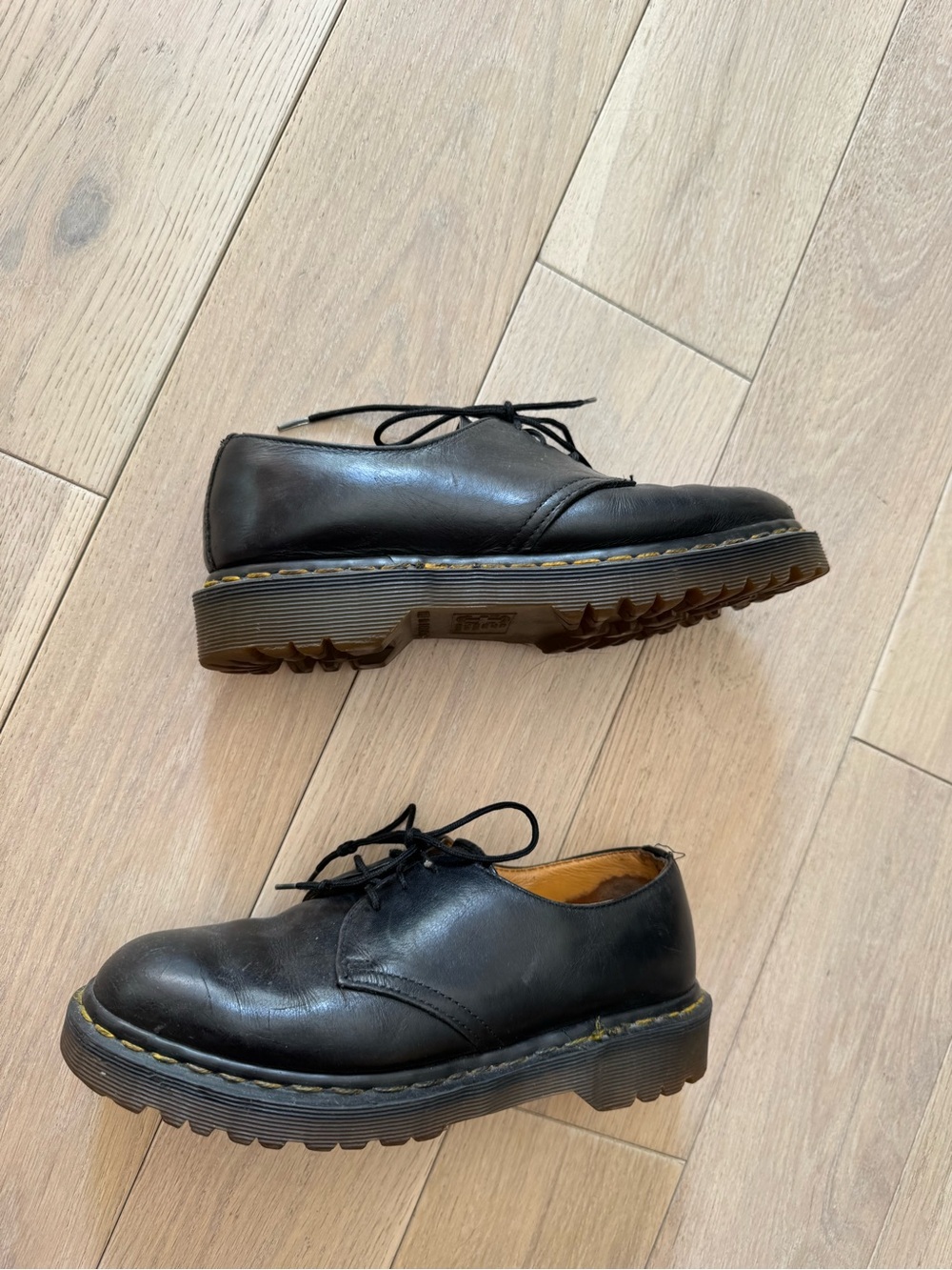 Dr. Martens Black Leather Derby Shoes with Yellow Stitching - Picture 3 of 9